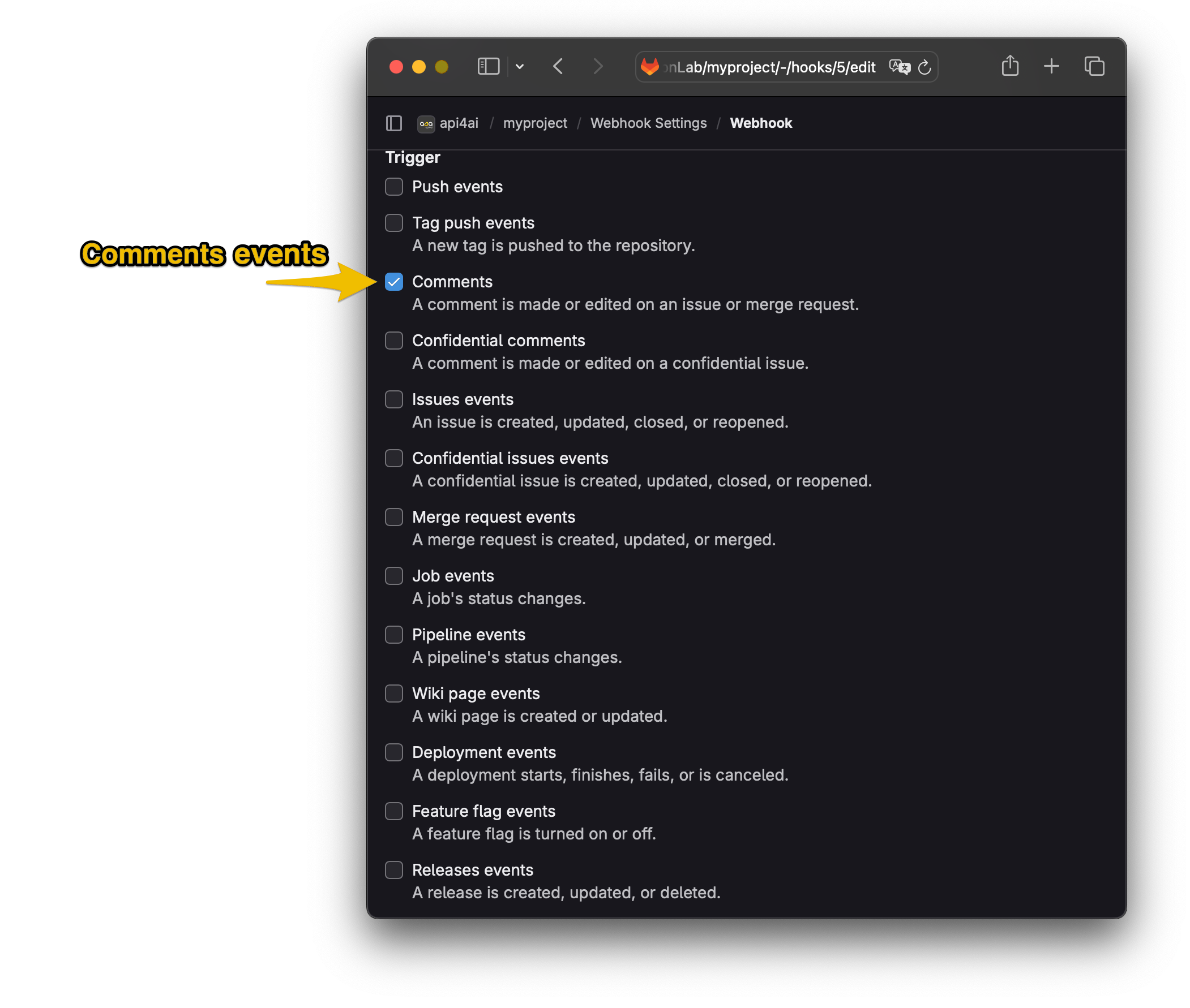 Webhook Comments events configuration