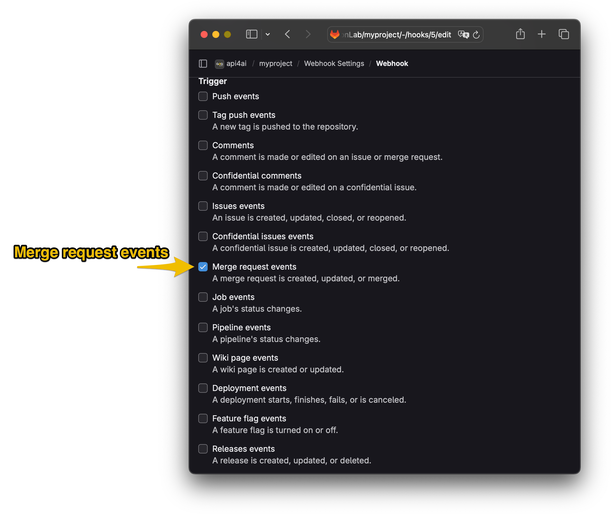 Webhook Merge Request events configuration